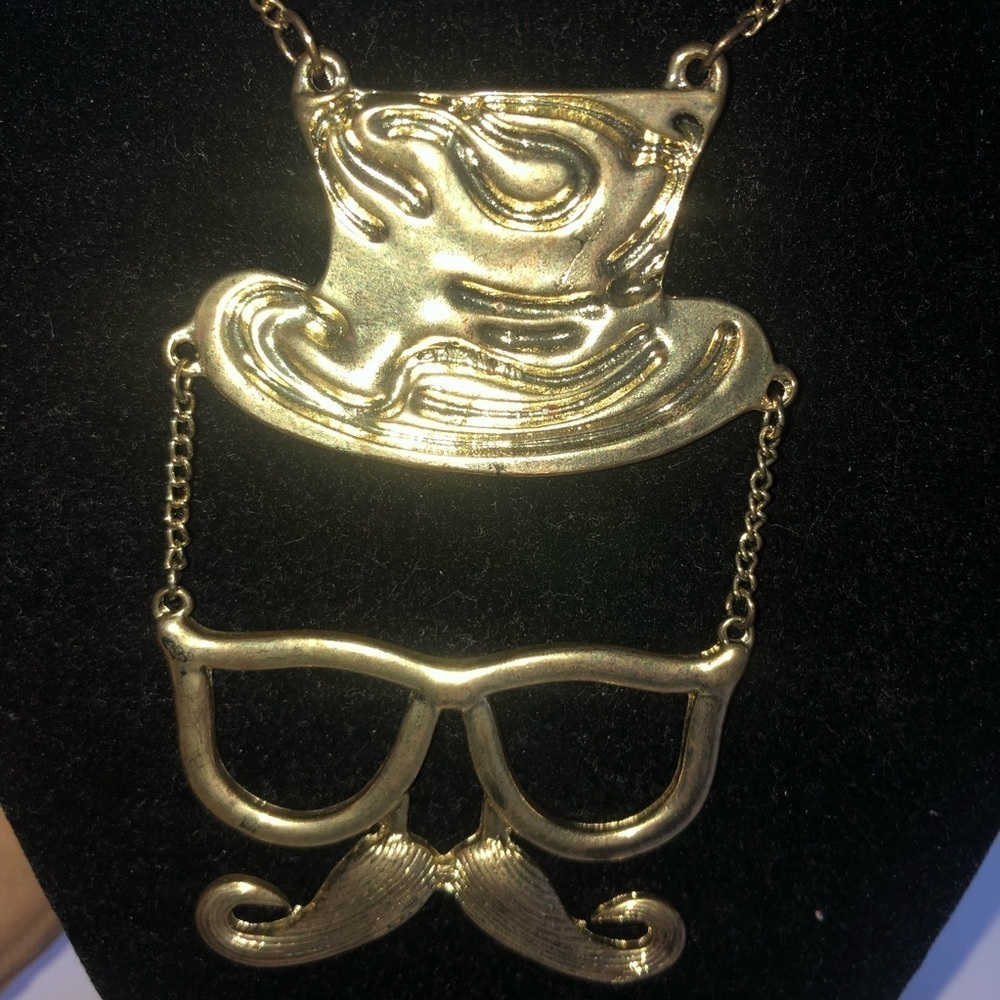Quirky Gold Hat and Mustache Necklace